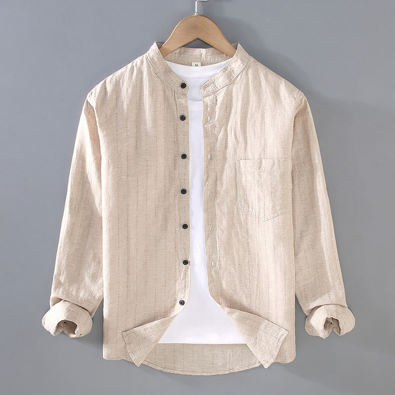 Chemise à manches longues en coton et lin à rayures pour homme, tenue quotidienne Tang avec Buddha Stones - Beige - US/UK/AU42，EU52 (3XL) - image 3