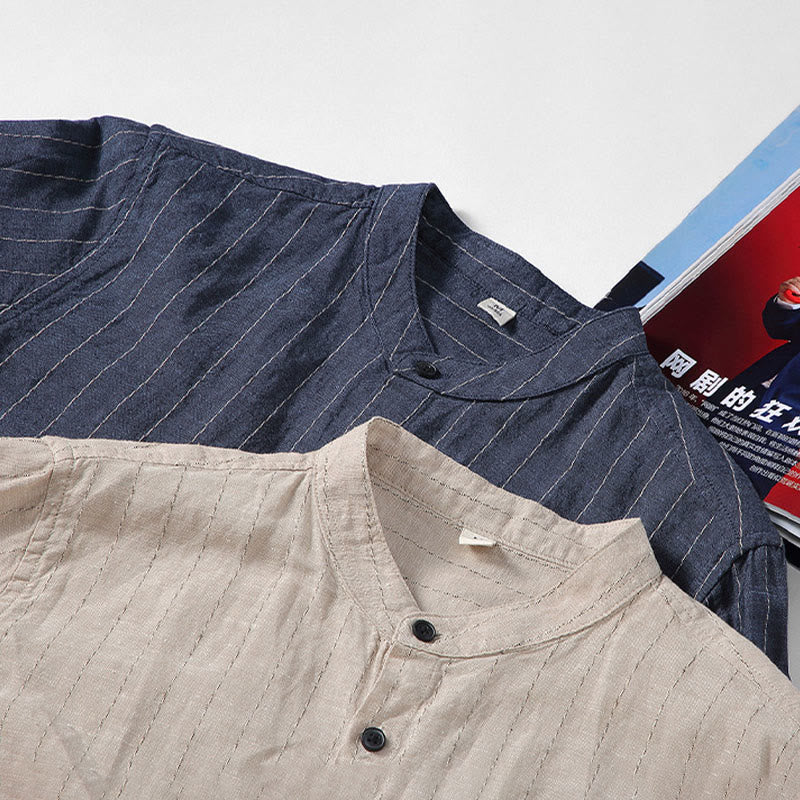 Chemise à manches longues en coton et lin à rayures pour homme, tenue quotidienne Tang avec Buddha Stones - image 13