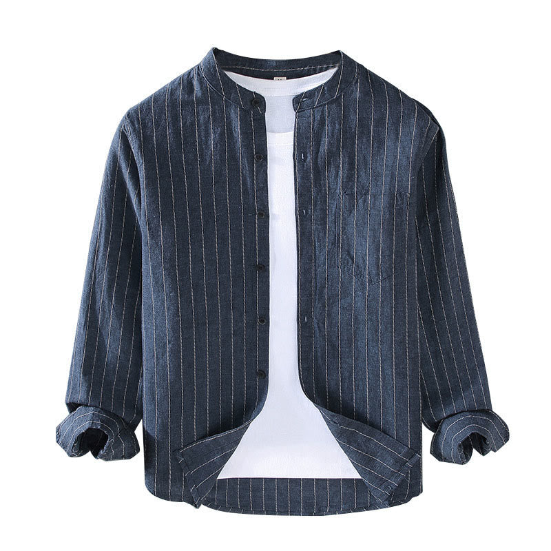 Chemise à manches longues en coton et lin à rayures pour homme, tenue quotidienne Tang avec Buddha Stones - image 2