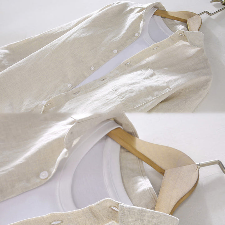 Chemise décontractée à manches longues en lin pur pour homme avec poche et motif Buddha Stones Spring - image 3