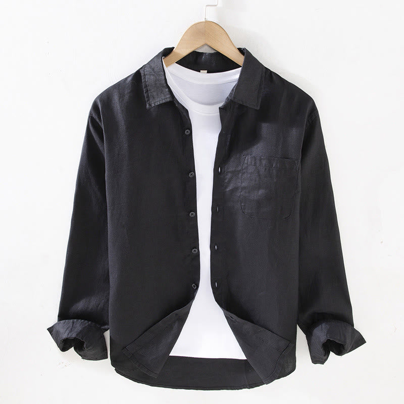 Chemise décontractée à manches longues en lin pur pour homme avec poche et motif Buddha Stones Spring - Noir - US/UK/AU42，EU52 (3XL) - image 9