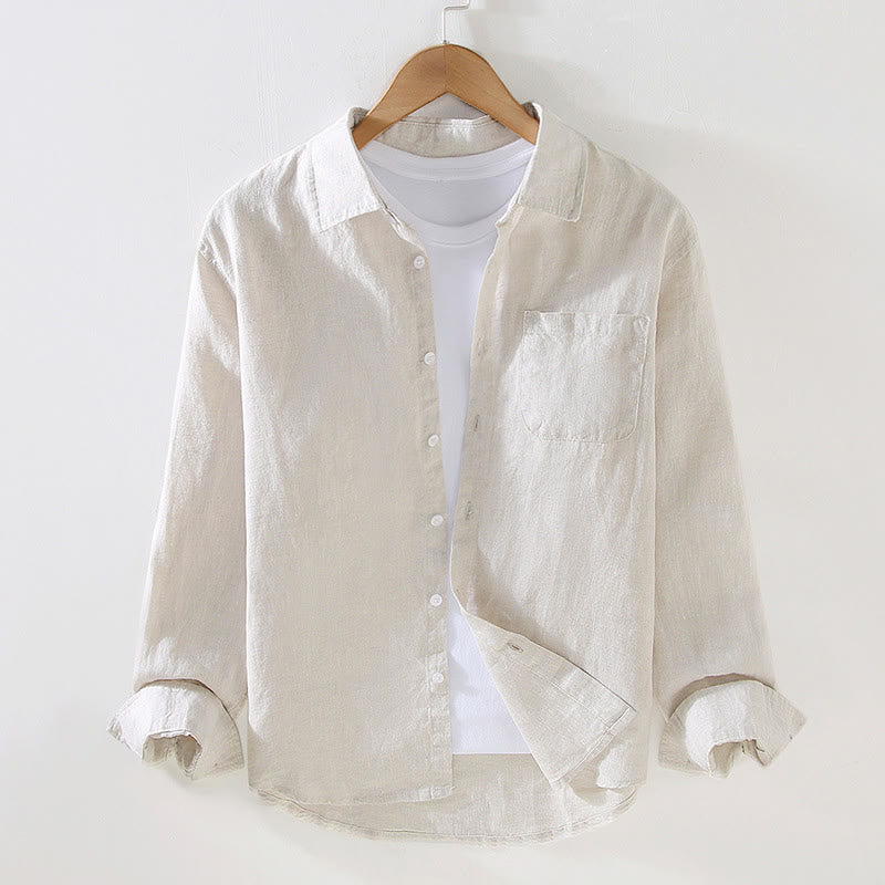 Chemise décontractée à manches longues en lin pur pour homme avec poche et motif Buddha Stones Spring - Beige - US/UK/AU42，EU52 (3XL) - image 1