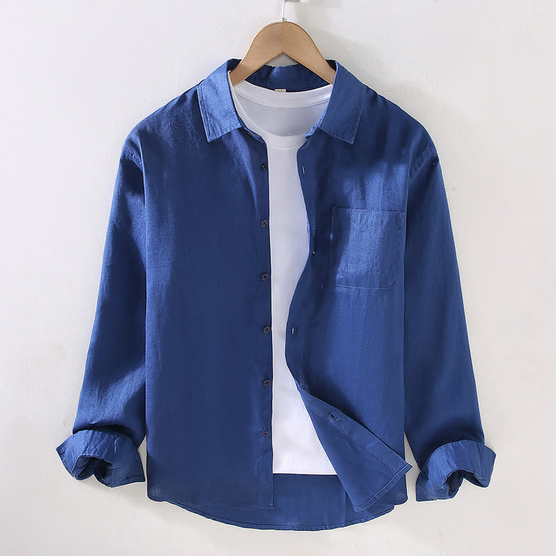 Chemise décontractée à manches longues en lin pur pour homme avec poche et motif Buddha Stones Spring - Bleu moyen - US/UK/AU42，EU52 (3XL) - image 12