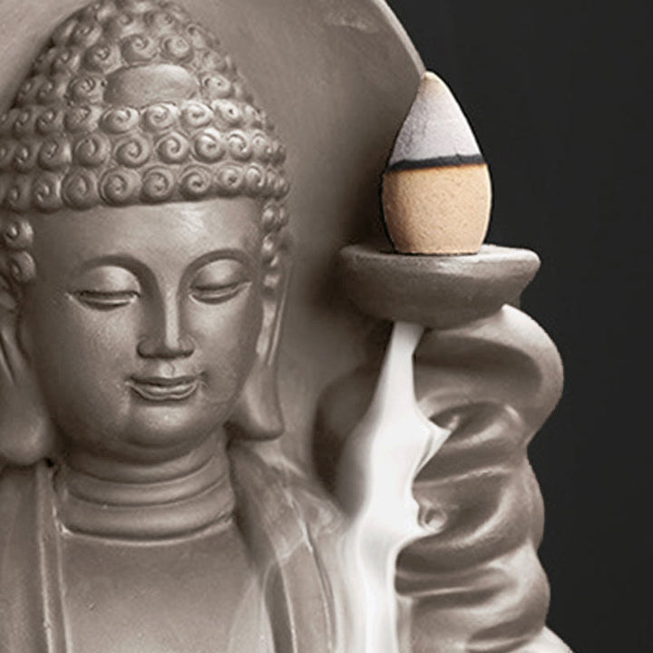 Buddha Stones Tibétain Avalokitesvara Bouddha Lotus Guérison Fontaine à fumée à refoulement Brûleur d'encens - image 18