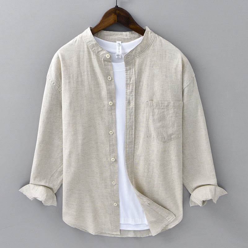 Chemise à manches longues et col montant pour homme avec poche en coton et lin décontracté de couleur unie Buddha Stones - Lin - US/UK/AU40, EU50 (3XL) - image 0