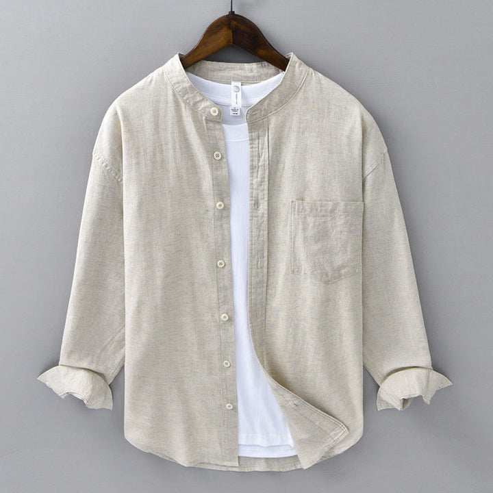 Chemise à manches longues et col montant pour homme avec poche en coton et lin décontracté de couleur unie Buddha Stones - Lin - US/UK/AU40, EU50 (3XL) - image 0