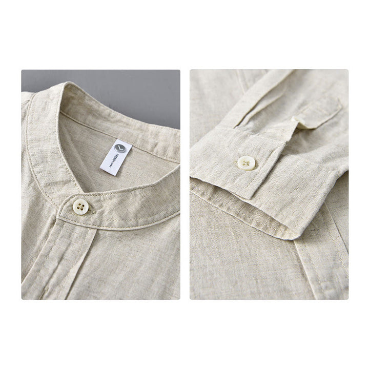 Chemise à manches longues et col montant pour homme avec poche en coton et lin décontracté de couleur unie Buddha Stones - image 4