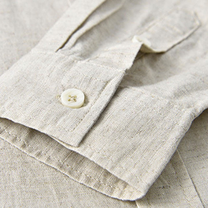 Chemise à manches longues et col montant pour homme avec poche en coton et lin décontracté de couleur unie Buddha Stones - image 2