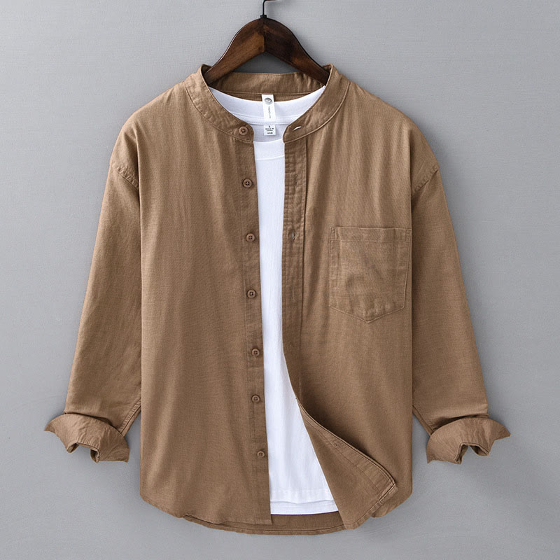 Chemise à manches longues et col montant pour homme avec poche en coton et lin décontracté de couleur unie Buddha Stones - DarkGoldenrod - US/UK/AU40, EU50 (3XL) - image 21