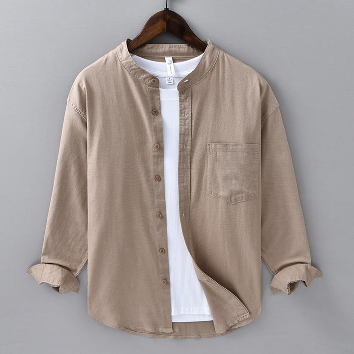 Chemise à manches longues et col montant pour homme avec poche en coton et lin décontracté de couleur unie Buddha Stones - BurlyWood - US/UK/AU40, EU50 (3XL) - image 29