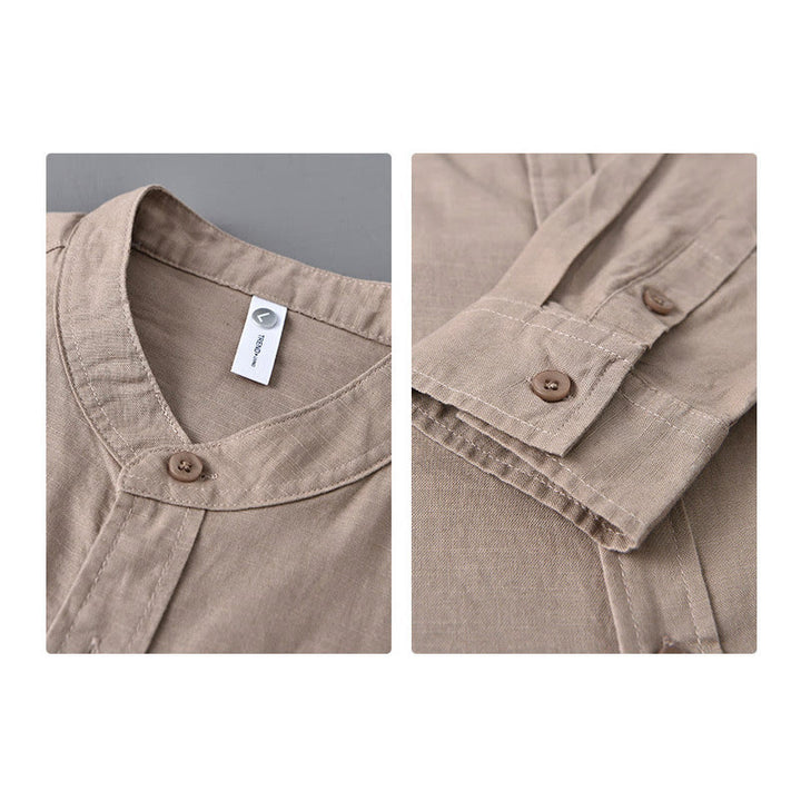Chemise à manches longues et col montant pour homme avec poche en coton et lin décontracté de couleur unie Buddha Stones - image 32