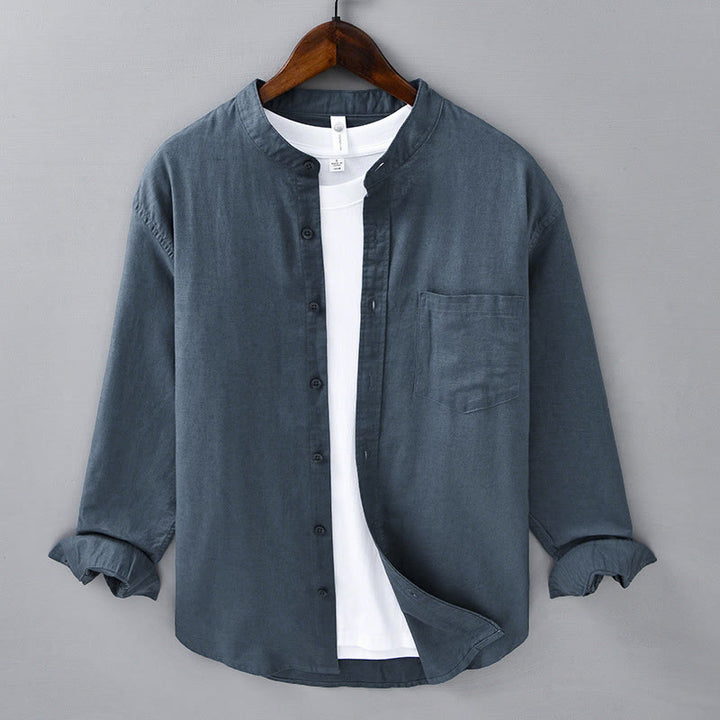 Chemise à manches longues et col montant pour homme avec poche en coton et lin décontracté de couleur unie Buddha Stones - SteelBlue - US/UK/AU40, EU50 (3XL) - image 25