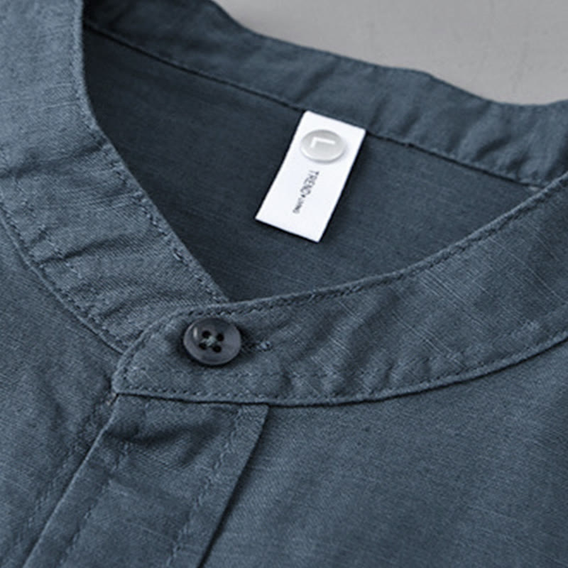 Chemise à manches longues et col montant pour homme avec poche en coton et lin décontracté de couleur unie Buddha Stones - image 26