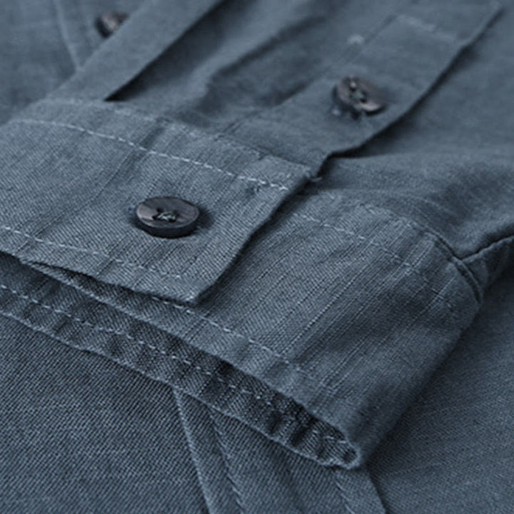 Chemise à manches longues et col montant pour homme avec poche en coton et lin décontracté de couleur unie Buddha Stones - image 27