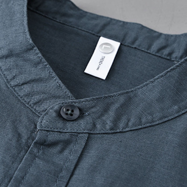 Chemise à manches longues et col montant pour homme avec poche en coton et lin décontracté de couleur unie Buddha Stones - image 26