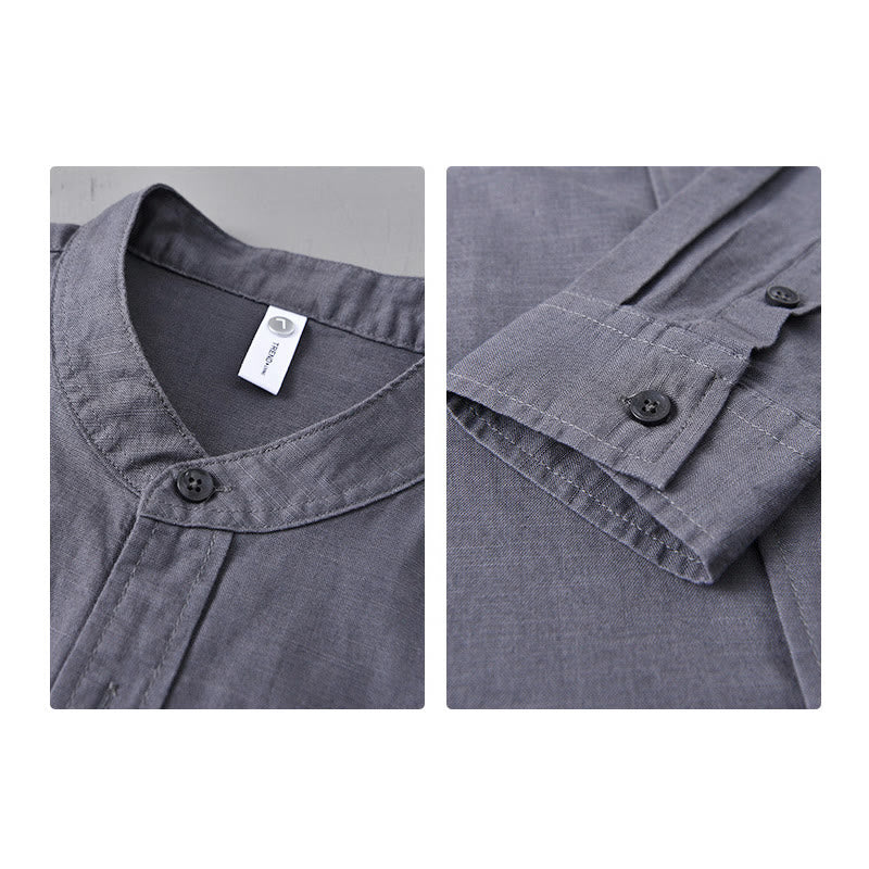 Chemise à manches longues et col montant pour homme avec poche en coton et lin décontracté de couleur unie Buddha Stones - image 35