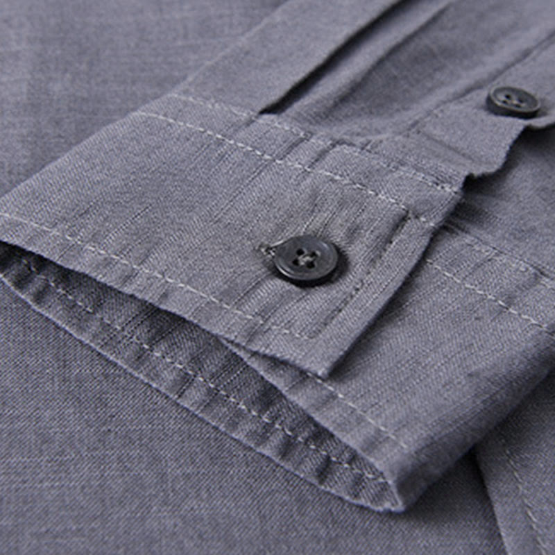 Chemise à manches longues et col montant pour homme avec poche en coton et lin décontracté de couleur unie Buddha Stones - image 36