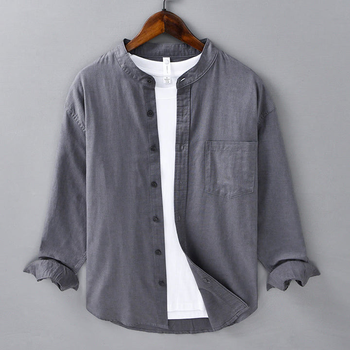 Chemise à manches longues et col montant pour homme avec poche en coton et lin décontracté de couleur unie Buddha Stones - Gris terne - US/UK/AU40, EU50 (3XL) - image 33