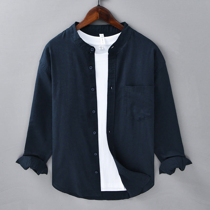 Chemise à manches longues et col montant pour homme avec poche en coton et lin décontracté de couleur unie Buddha Stones - Bleu nuit - US/UK/AU40, EU50 (3XL) - image 37