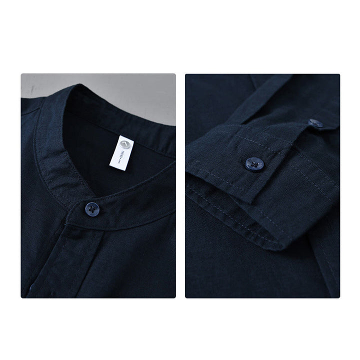 Chemise à manches longues et col montant pour homme avec poche en coton et lin décontracté de couleur unie Buddha Stones - image 39