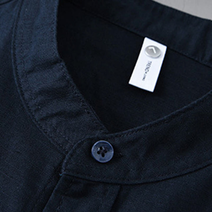 Chemise à manches longues et col montant pour homme avec poche en coton et lin décontracté de couleur unie Buddha Stones - image 39