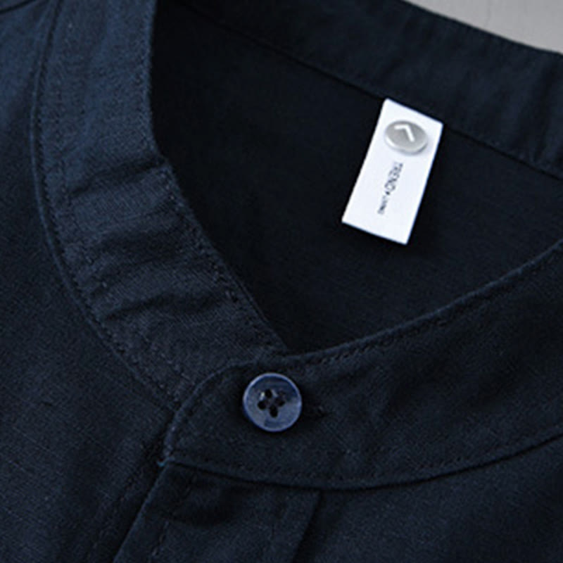 Chemise à manches longues et col montant pour homme avec poche en coton et lin décontracté de couleur unie Buddha Stones - image 39