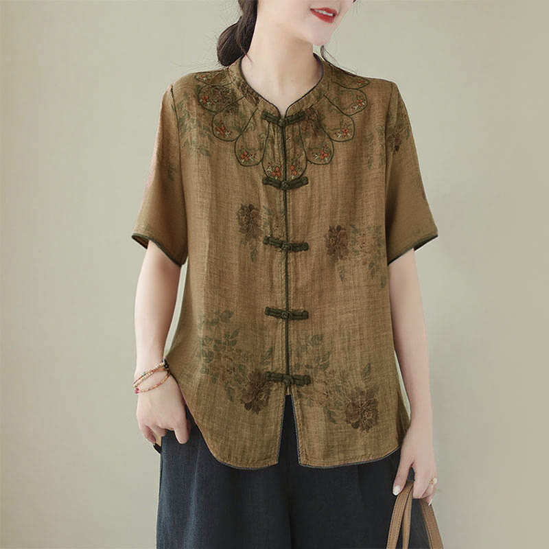 Chemise à imprimé fleurs violettes et boutons grenouilles Buddha Stones - US16，UK/AU20，EU48 (3XL) - image 0
