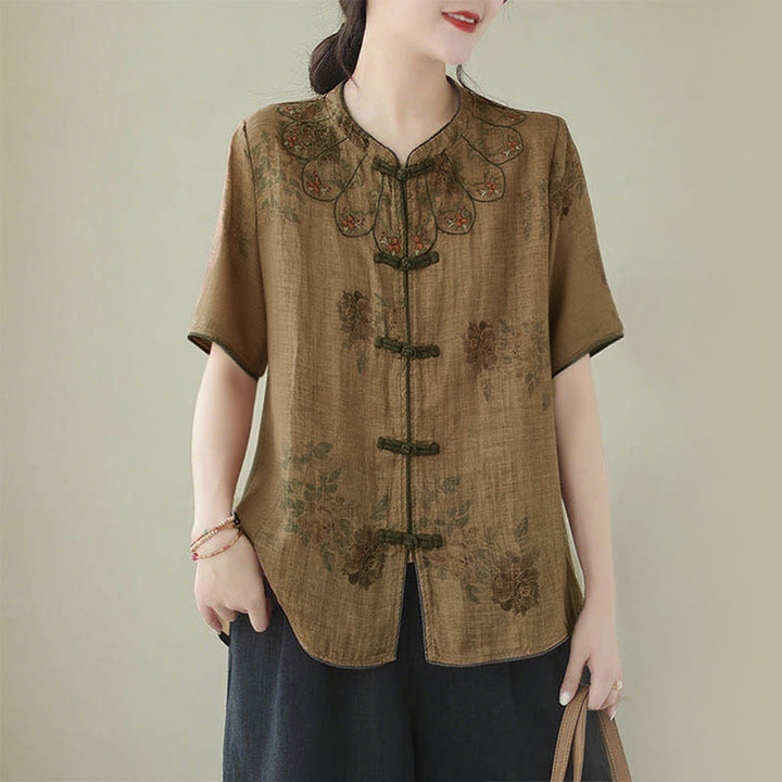 Chemise à imprimé fleurs violettes et boutons grenouilles Buddha Stones - US16，UK/AU20，EU48 (3XL) - image 0
