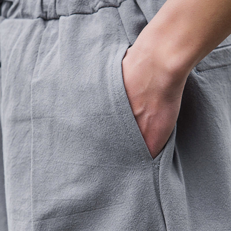 Pantalon bouffant décontracté en lin uni Buddha Stones pour homme avec poches - image 17