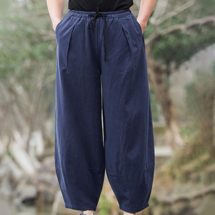 Pantalon bouffant décontracté en lin uni Buddha Stones pour homme avec poches - image 6
