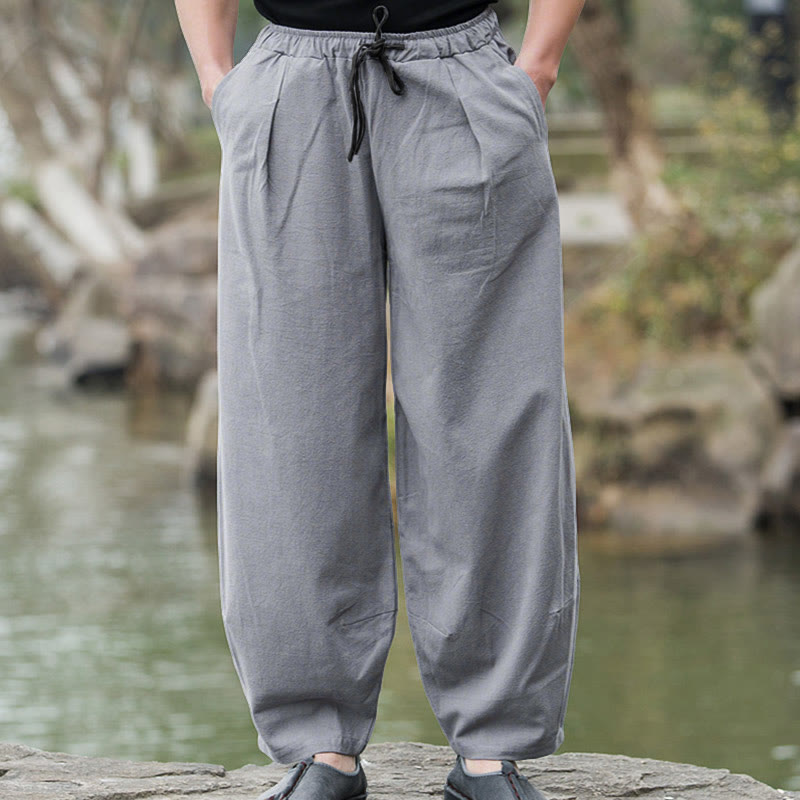 Pantalon bouffant décontracté en lin uni Buddha Stones pour homme avec poches - image 12