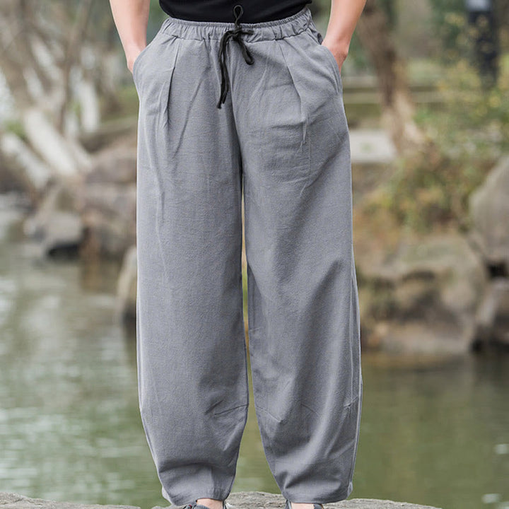 Pantalon bouffant décontracté en lin uni Buddha Stones pour homme avec poches - image 15