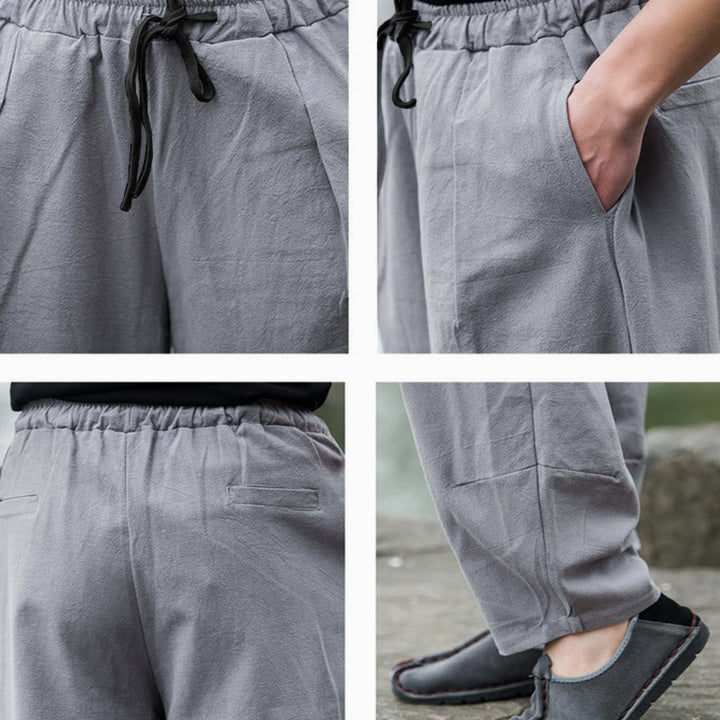 Pantalon bouffant décontracté en lin uni Buddha Stones pour homme avec poches - image 16