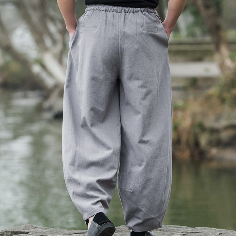 Pantalon bouffant décontracté en lin uni Buddha Stones pour homme avec poches - image 14