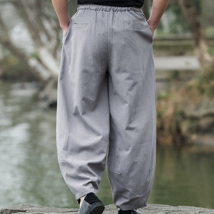 Pantalon bouffant décontracté en lin uni Buddha Stones pour homme avec poches - image 14