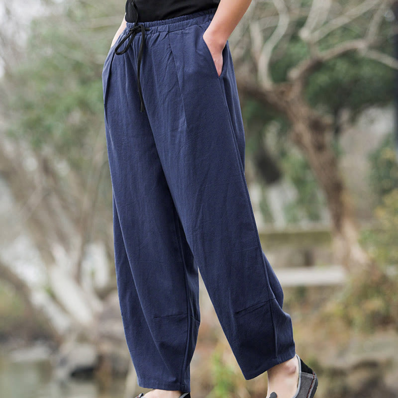 Pantalon bouffant décontracté en lin uni Buddha Stones pour homme avec poches - image 7