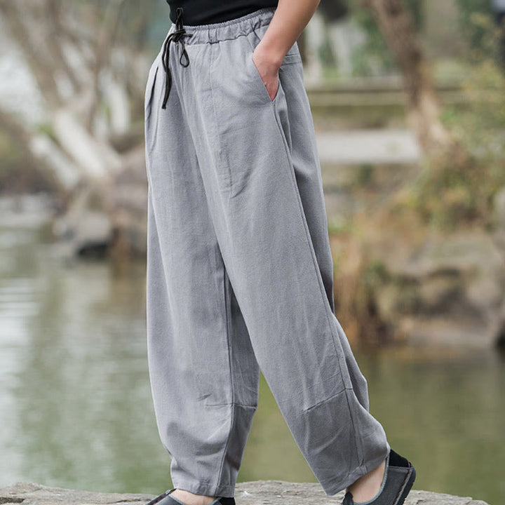 Pantalon bouffant décontracté en lin uni Buddha Stones pour homme avec poches - image 13