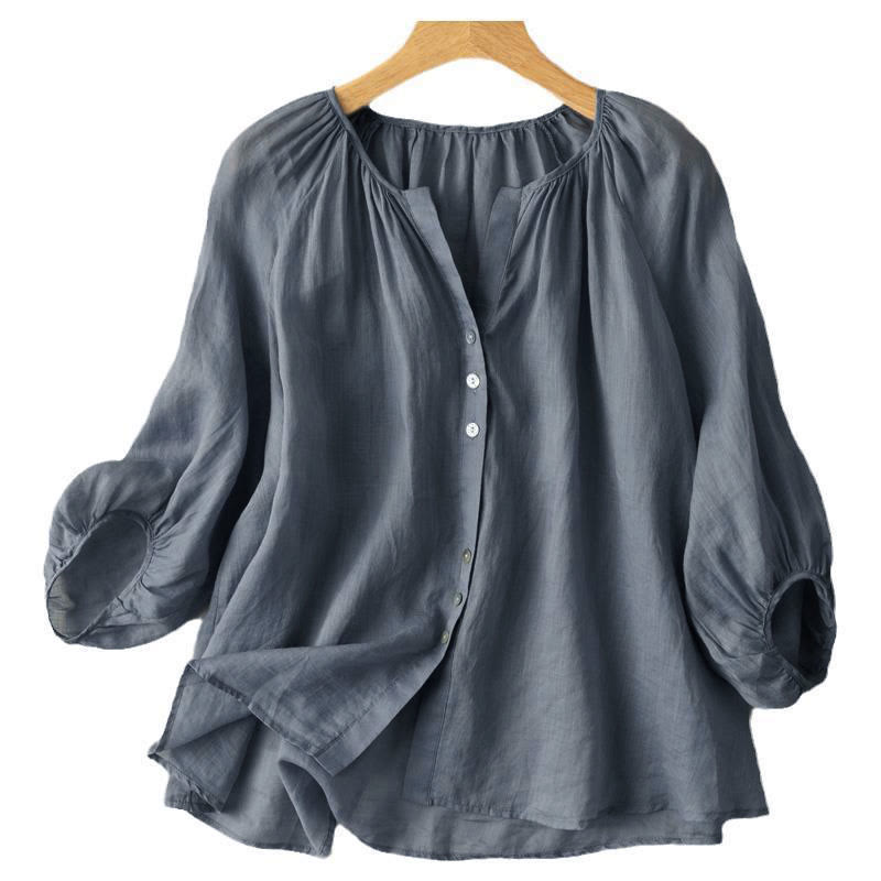 Chemise femme vintage à boutons Buddha Stones , manches trois-quarts bouffantes, col en V - image 2
