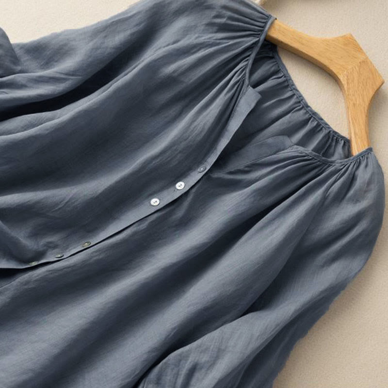 Chemise femme vintage à boutons Buddha Stones , manches trois-quarts bouffantes, col en V - image 3