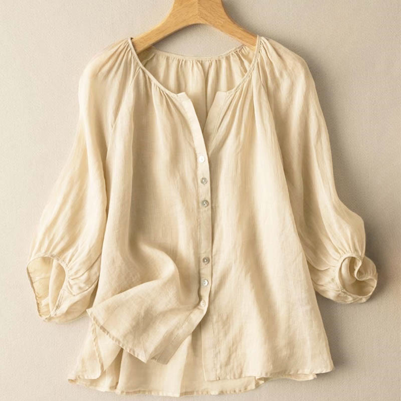 Chemise femme vintage à boutons Buddha Stones , manches trois-quarts bouffantes, col en V - Jaune d'or pâle - US14，UK/AU18，EU46 (4XL) - image 9