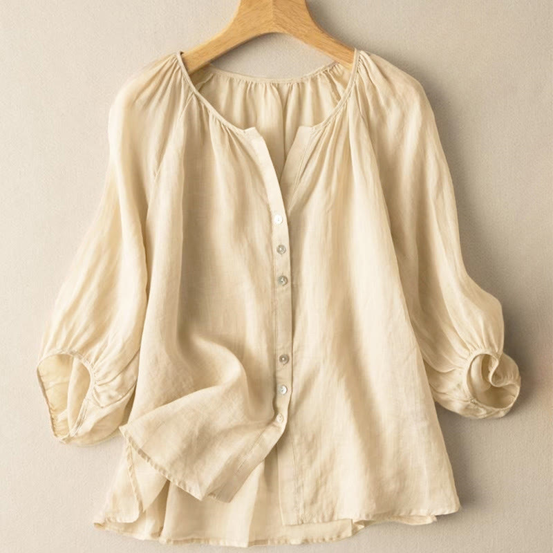 Chemise femme vintage à boutons Buddha Stones , manches trois-quarts bouffantes, col en V - image 13