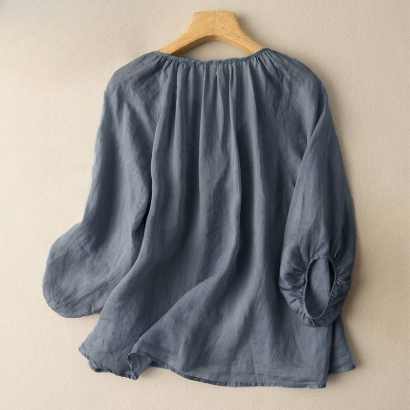 Chemise femme vintage à boutons Buddha Stones , manches trois-quarts bouffantes, col en V - image 1