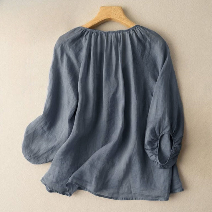 Chemise femme vintage à boutons Buddha Stones , manches trois-quarts bouffantes, col en V - image 1