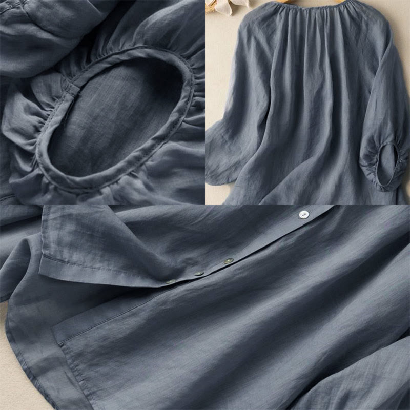 Chemise femme vintage à boutons Buddha Stones , manches trois-quarts bouffantes, col en V - image 4