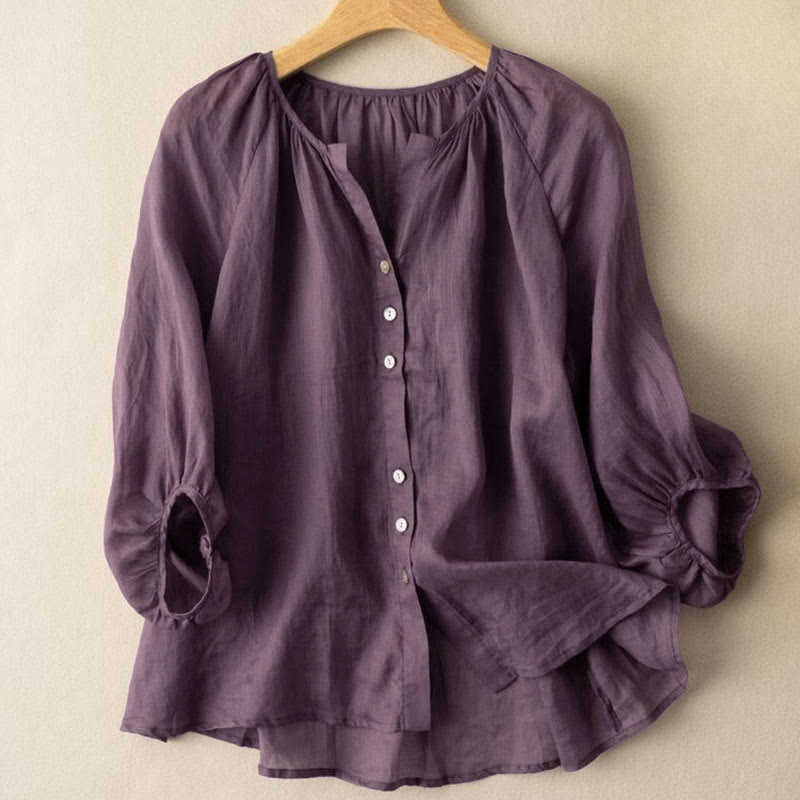 Chemise femme en coton à col en V et manches bouffantes style vintage Buddha Stones - Magenta foncé - US14，UK/AU18，EU46 (4XL) - image 8