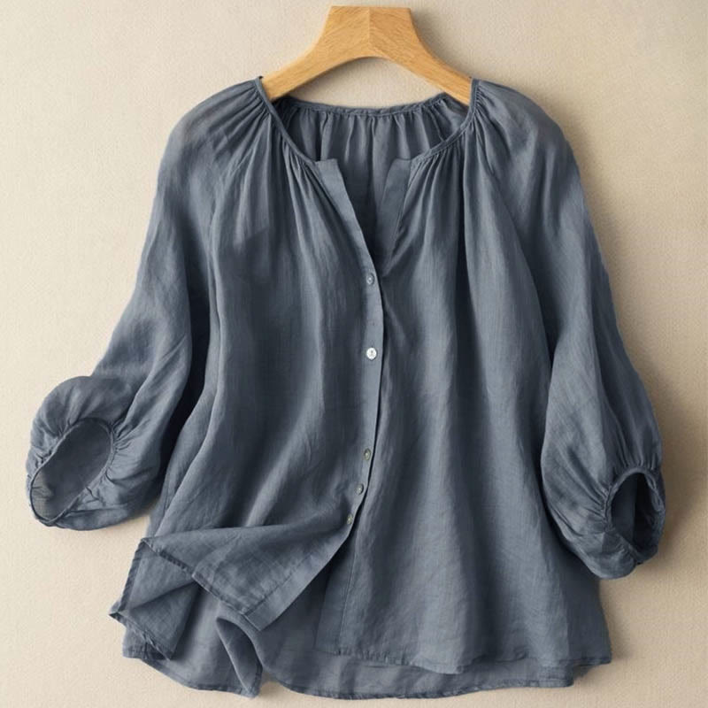 Chemise femme vintage à boutons Buddha Stones , manches trois-quarts bouffantes, col en V - SteelBlue - US14，UK/AU18，EU46 (4XL) - image 0