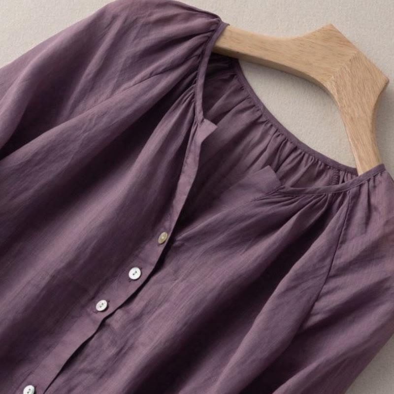 Chemise femme vintage à boutons Buddha Stones , manches trois-quarts bouffantes, col en V - image 5