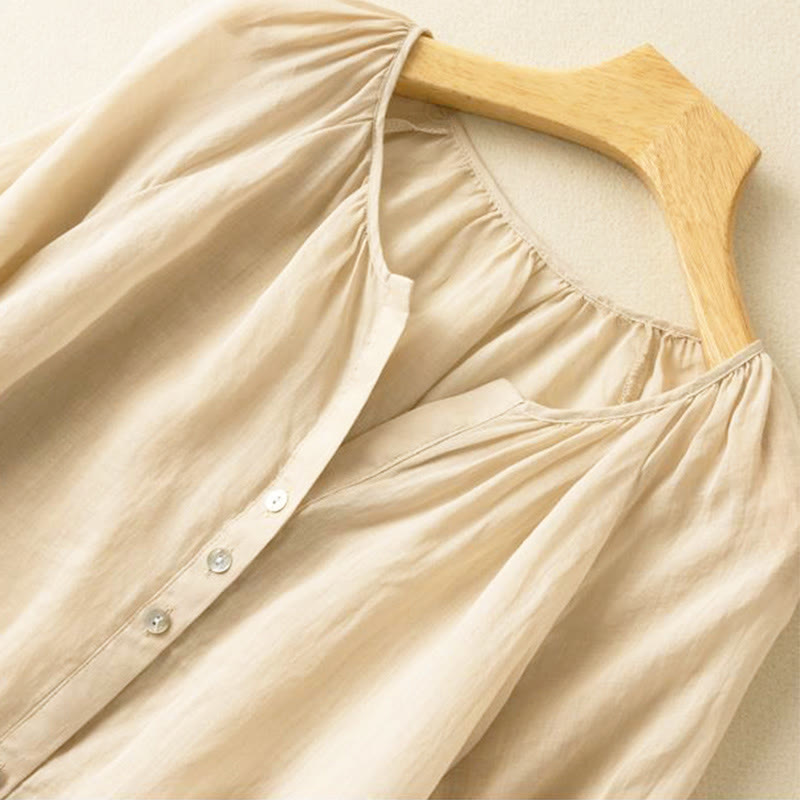 Chemise femme vintage à boutons Buddha Stones , manches trois-quarts bouffantes, col en V - image 11