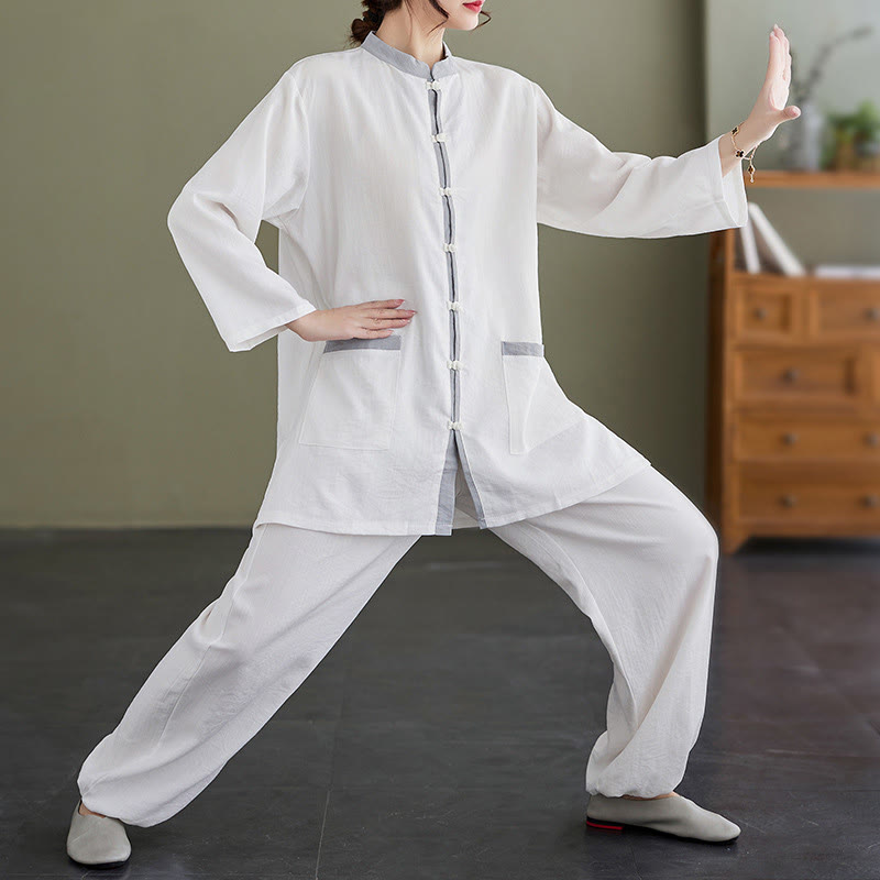 Ensemble 2 pièces en coton avec t-shirt, haut et pantalon de tai-chi, motif Buddha Stones , vêtements zen pour femmes - Blanc - US8-10，UK/AU12-14，EU40-42 (2XL) - image 7