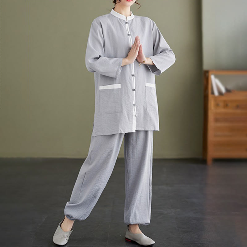 Ensemble 2 pièces en coton avec t-shirt, haut et pantalon de tai-chi, motif Buddha Stones , vêtements zen pour femmes - image 2